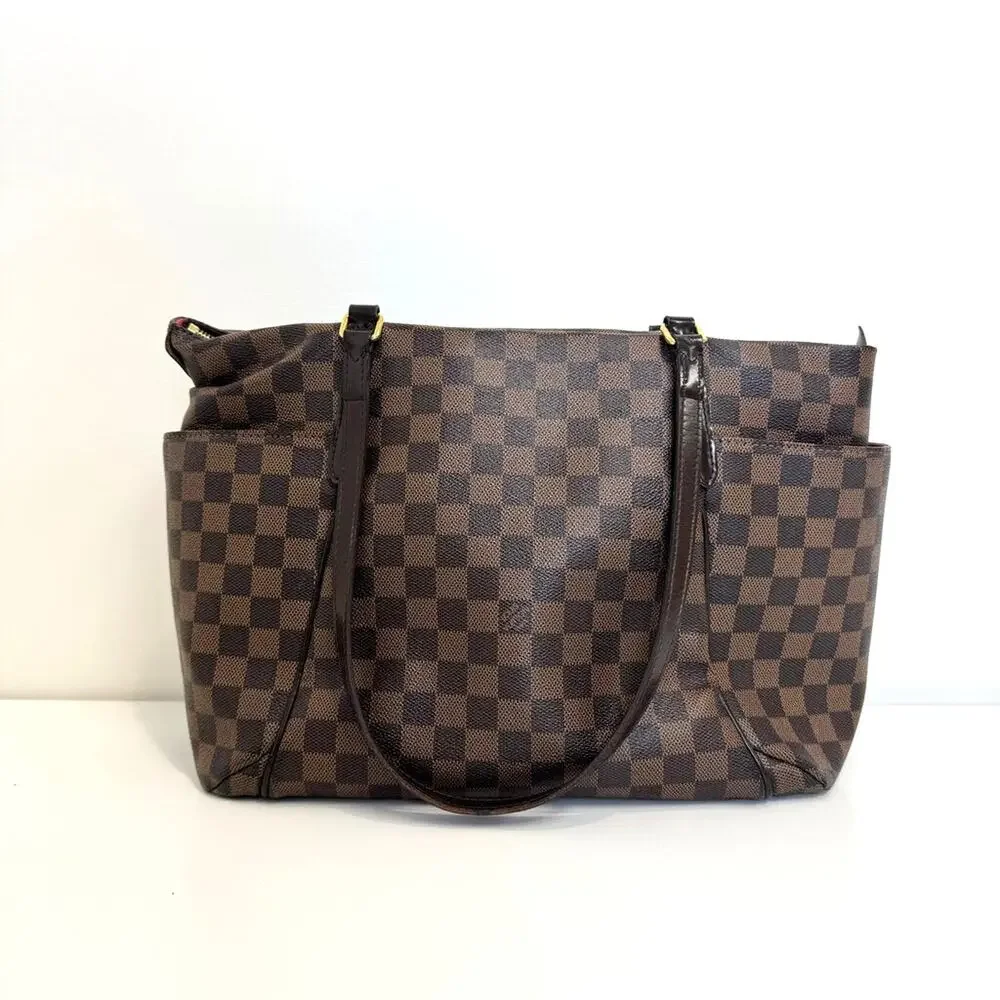 Louis Vuitton Damier Ebene Totally MM Tote Shoulder Bag Gold Zip Side Pockets LV